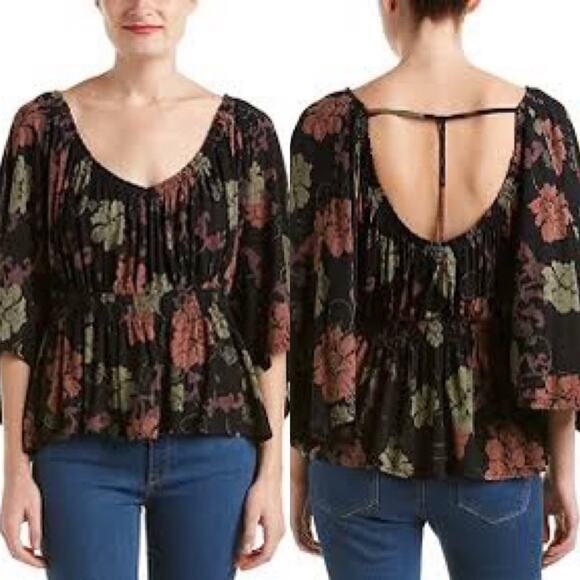 FREE PEOPLE • Glenslide Boho Floral Low Back Bell Sleeve Peasant Top - Picture 8 of 8